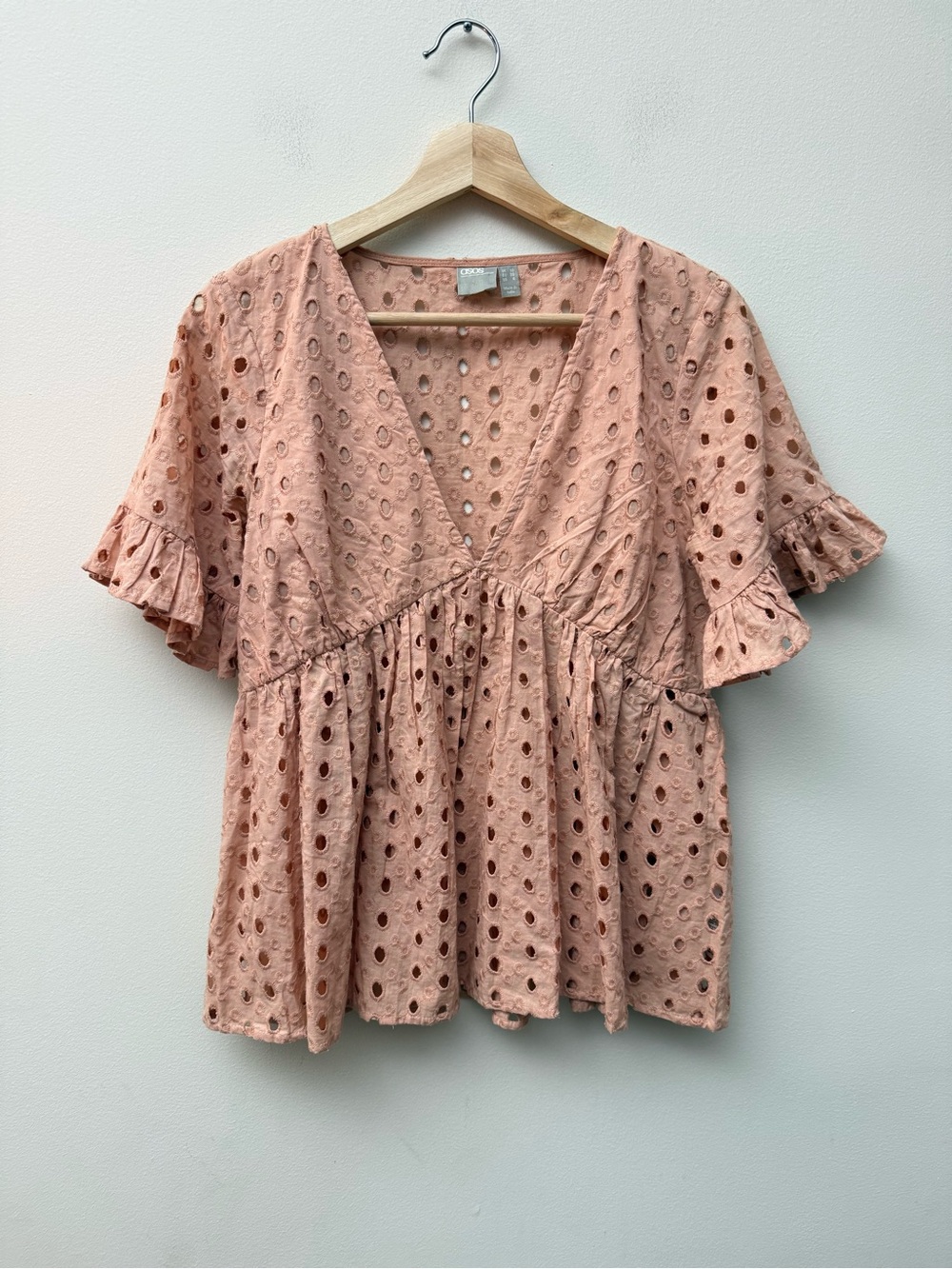 ASOS Dusty Peach Eyelet V-Neck Flutter Sleeve Blouse